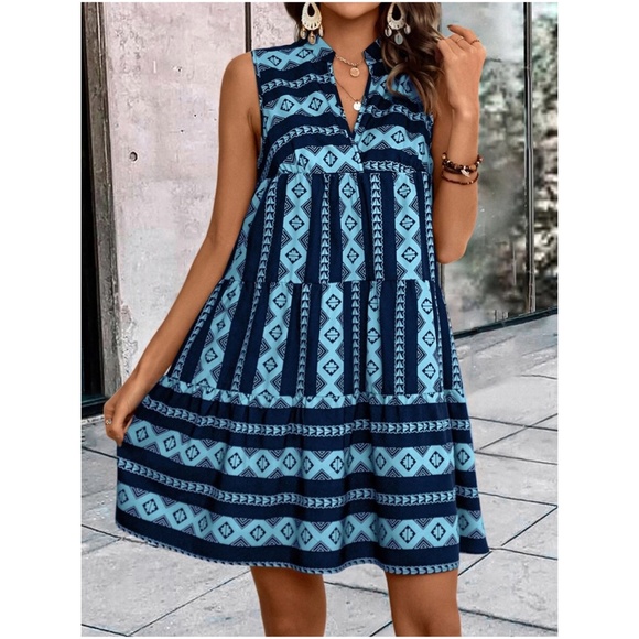 Boho Geo Print Sleeveless Ruffle Dress - Picture 11 of 12